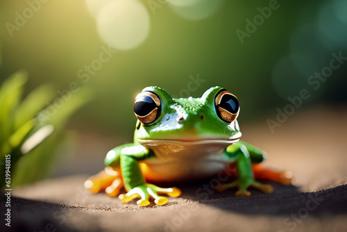 macro shot of a green frog on jungle