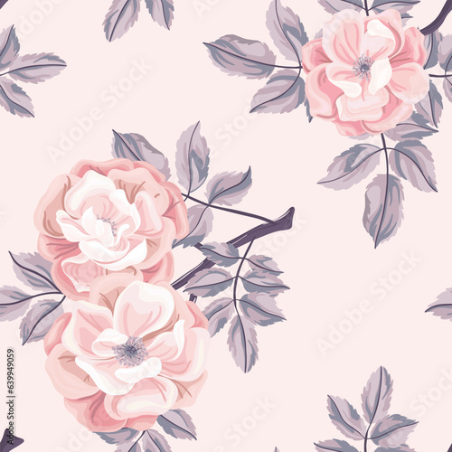 Seamless floral pattern with large watercolor rosehip flowers in delicate winter colors. Botanical design with hand drawn realistic flowers, leaves, branches on a light background. Vector illustration