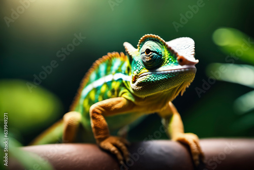 portrait of a green chameleon on a branch