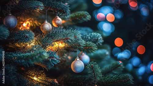 Christmas tree branch decorated with balls on beautiful bokeh background © milicenta
