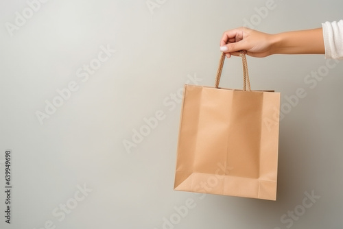 A woman's hand holds a paper bag on a gray background.
