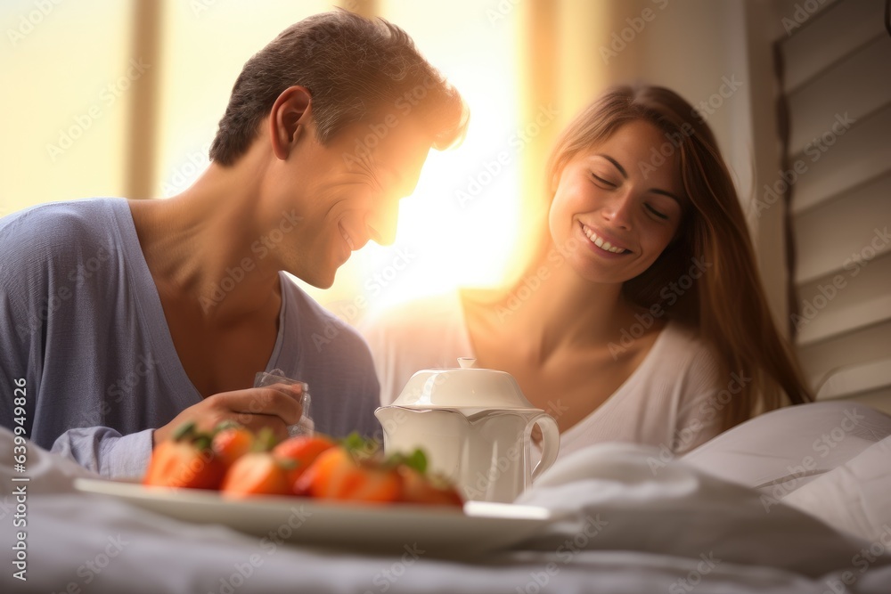 A husband in love brings his wife breakfast