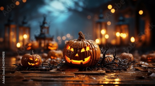 Sinister Halloween composition in dark tones. Spooky pumpkin jack-o-lanterns, burning candles, clumsy dry branches, blurred background with bokeh effect. Template, copy space.