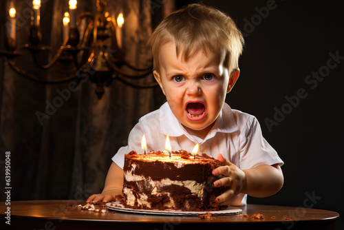 angry toddler with birthday cake screaming, ai generated