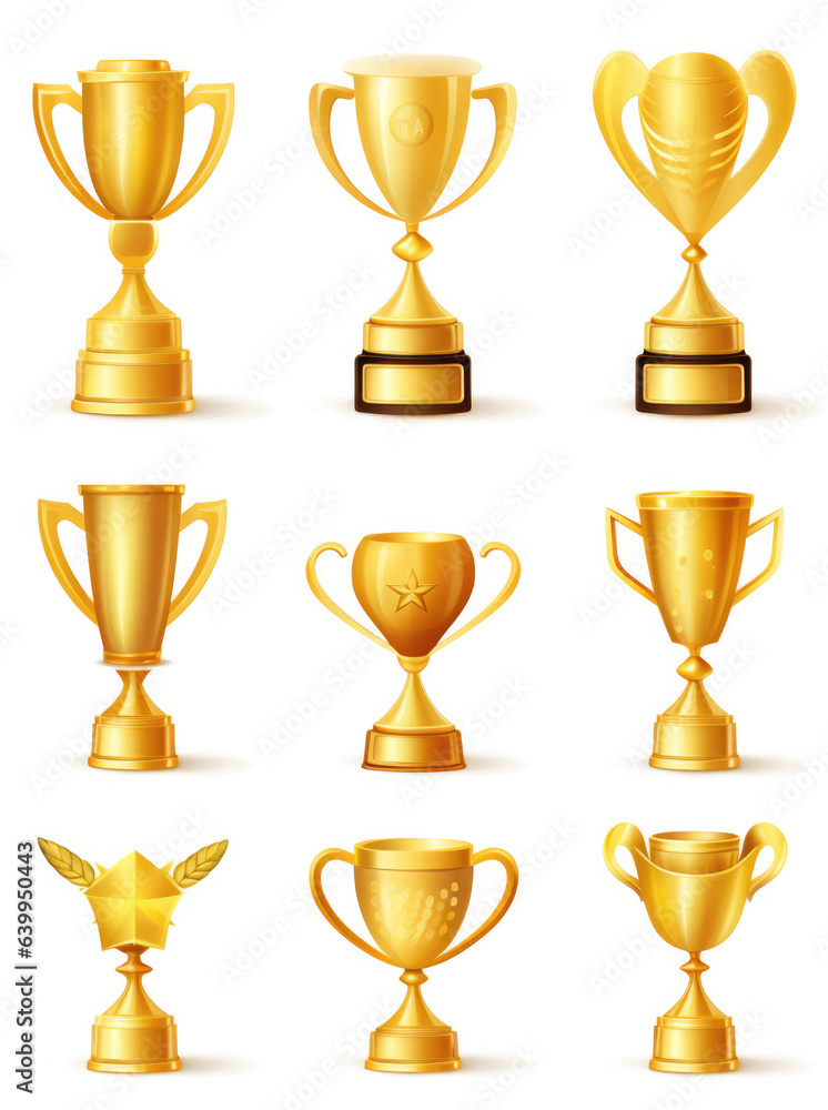 Beautiful golden trophy cups and awards of different shape realistic set isolated on white background Beautiful golden trophy cups and awards of different shape realistic set isolated on white background