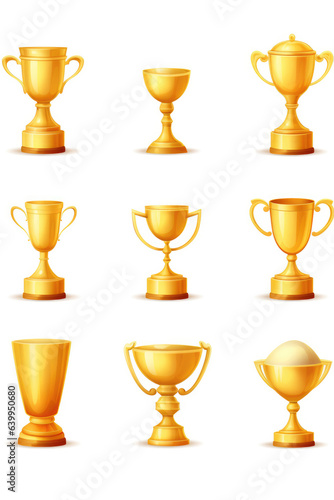 Beautiful golden trophy cups and awards of different shape realistic set isolated on white background