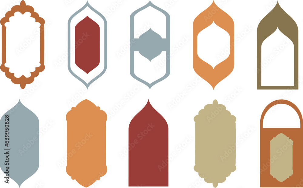 Set of colored silhouettes of Islamic windows.Arab frame set.Ramadan kareem simbol icon. Set of colored silhouettes of Islamic windows.Arab frame set.Ramadan kareem simbol icon.