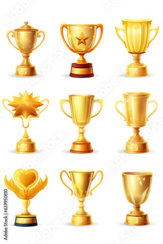 Beautiful golden trophy cups and awards of different shape realistic set isolated on white background