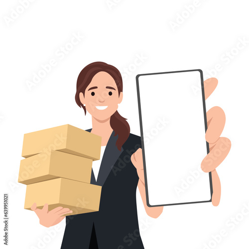 Young woman is holding cardboard box and show the screen in mobile phone. Flat vector illustration isolated on white background