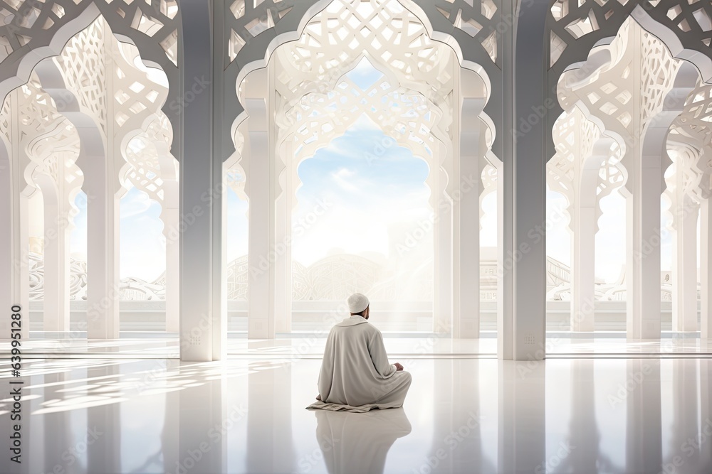 a muslim man in white traditional clothes sitting in a masjid on floor