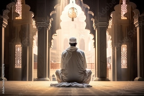 a muslim man in white traditional clothes sitting in a masjid on floor