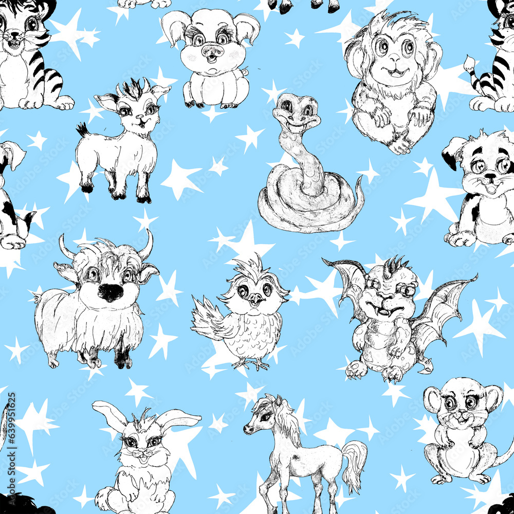 Fototapeta premium Watercolor Chinese Zodiac baby animals vintage style monochrome seamless PATTERN 