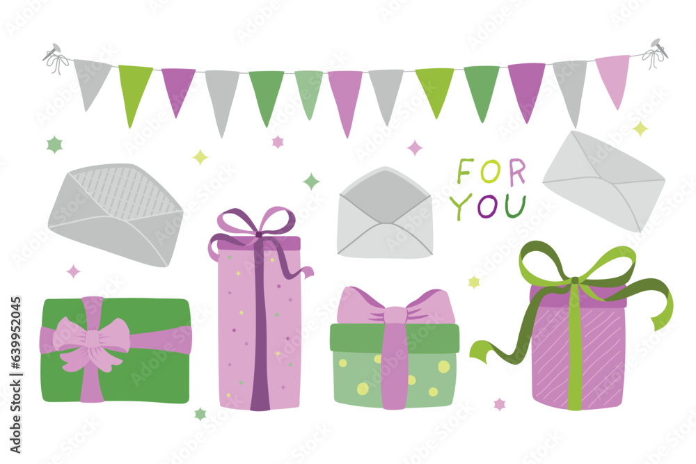 Hand drawn icons of gift boxes tied with a ribbon, envelopes and confetti. Hand drawn icons of gift boxes tied with a ribbon, envelopes and confetti.