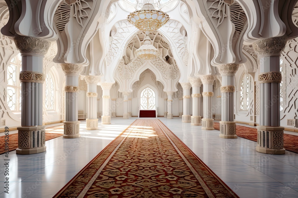 beautiful interior of a white empty masjid