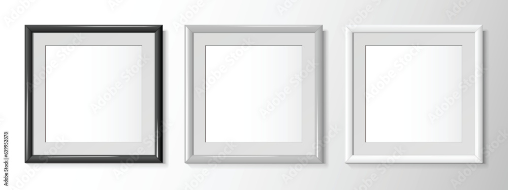 Realistic square frames in black, gray and white color for paintings or photographs. Vector illustration. Realistic square frames in black, gray and white color for paintings or photographs. Vector illustration.
