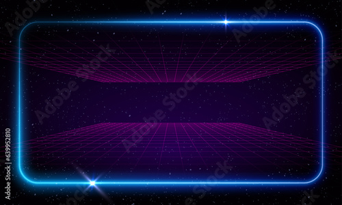 Synthwave vaporwave retrowave cyber background with copy space, laser grid, starry sky, blue and purple glows with smoke and particles. Design for poster, cover, wallpaper, web, banner, etc. 