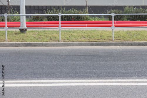 A street border painted white and blue against a road and green foliage in a summer close-up. Road safety, minimalism.