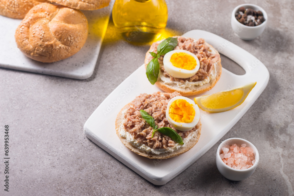 Toast with Canned Tuna. Fish open sandwich with egg and cheese. 