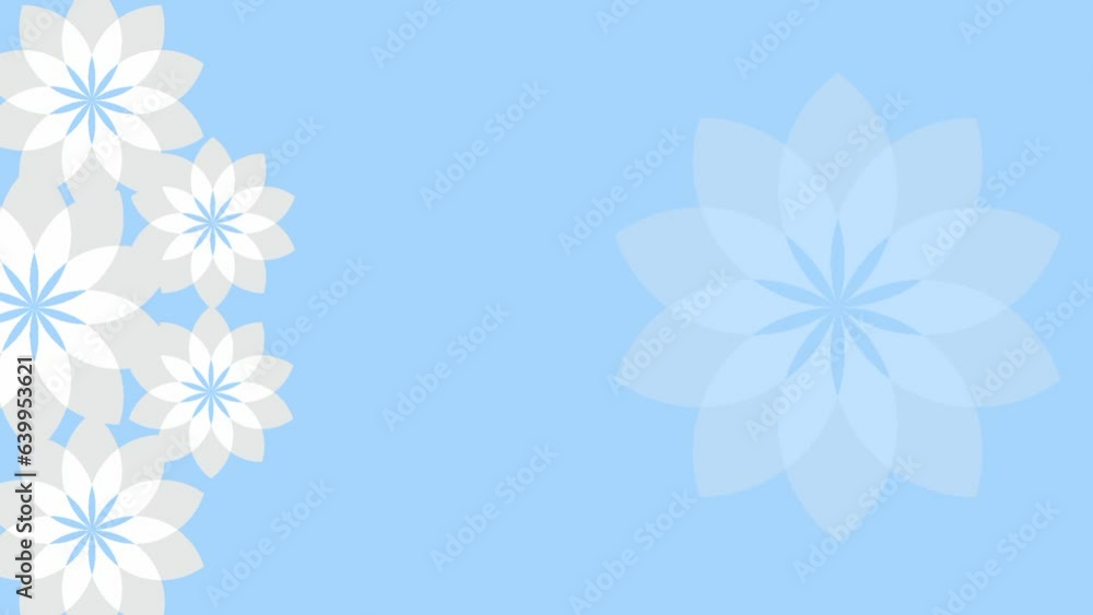 Animated background of a white flower abstract rotating on the left with a blue screen Animated background of a white flower abstract rotating on the left with a blue screen