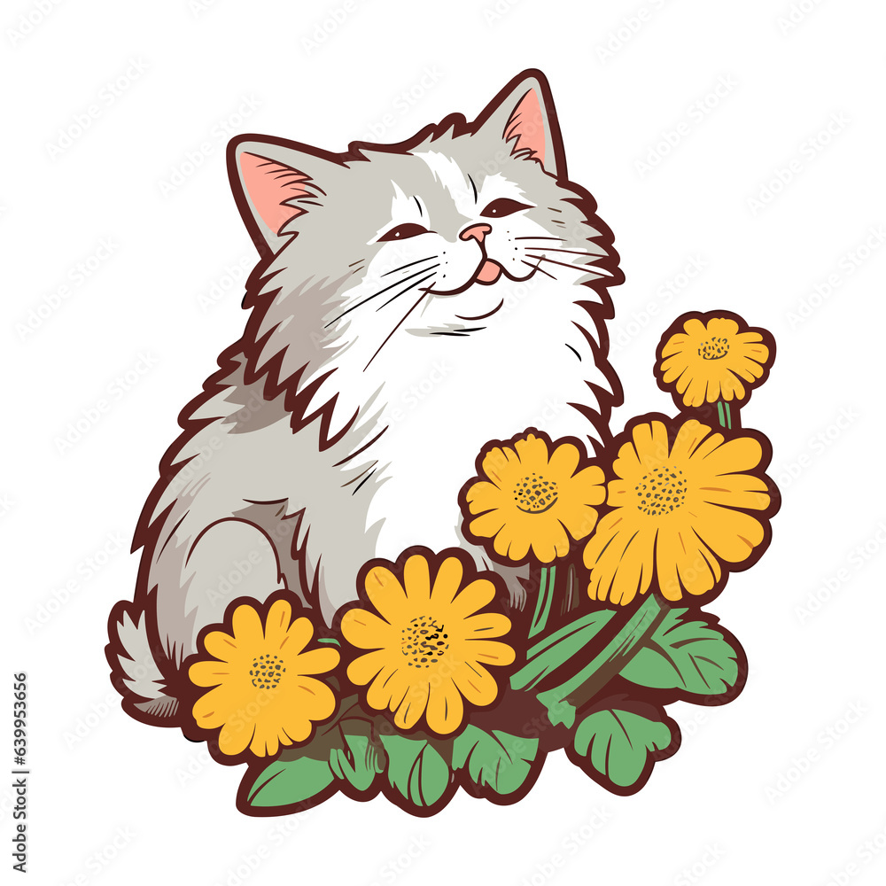 Cute cat with flowers sticker,cute kitten in flowers Cute cat with flowers sticker,cute kitten in flowers