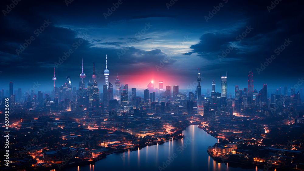 The background of the future. 2024 year of Technology, city, development. Panoramic view of the city. High quality illustration
