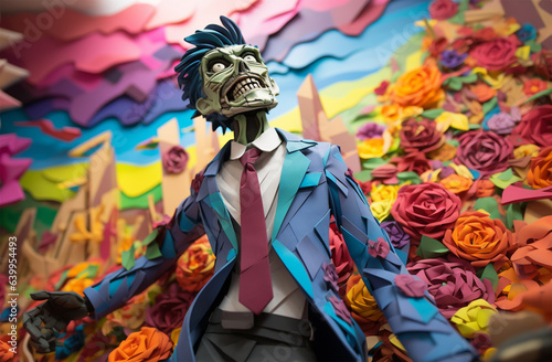 Halloween background with a scary monster and colorful paper flowers. Halloween concept.