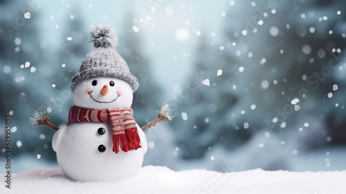 Merry christmas and happy new year greeting card with copy-space.Happy snowman standing in christmas landscape.Snow background.Winter fairytale. © Sasint