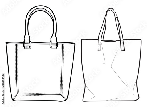 Tote bag flat sketch fashion illustration drawing template mock up, Canvas tote bag cad drawing. Carry bag flat sketch vector