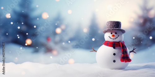 Merry christmas and happy new year greeting card with copy-space.Happy snowman standing in christmas landscape.Snow background.Winter fairytale. © Sasint