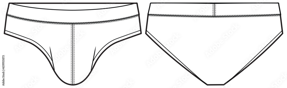 Men's underwear brief design front and back view flat sketch fashion illustration, Gents trunk under garments vector template