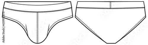 Men's underwear brief design front and back view flat sketch fashion illustration, Gents trunk under garments vector template