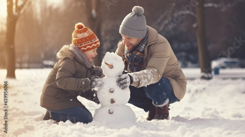 Little boy with his father building snowman in snowy park. Dad and son tied a scarf for snowman. Active outdoors leisure with family with children in winter. Kid during stroll in a snowy winter park