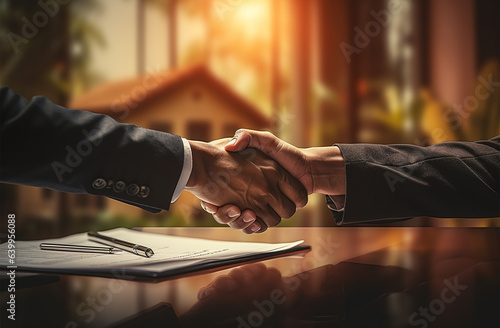 Real estate agent shaking hands with customer after signing contract in front of house