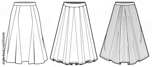 Women midi Skirt flat sketch illustration, Set of Womens pleated  skirt font and back view technical drawing vector illustration