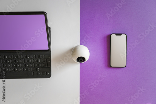 Webcam smartphone and laptop. Remote monitoring devices. Clean screen mockup.