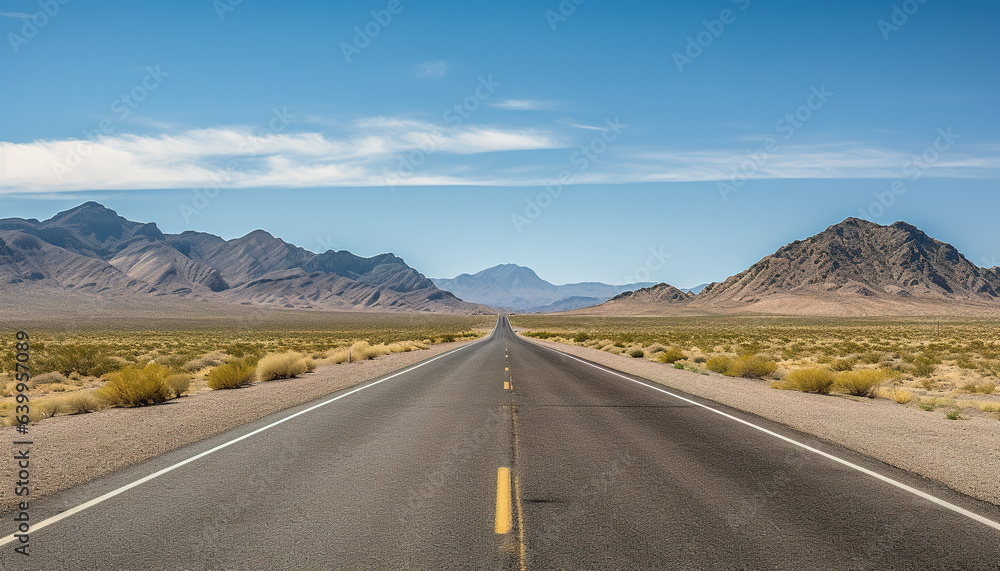 Naklejka premium Route 66 highway road at midday clear sky desert mountains background landscape