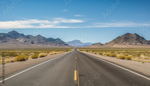 Route 66 highway road at midday clear sky desert mountains background landscape © Ars Nova