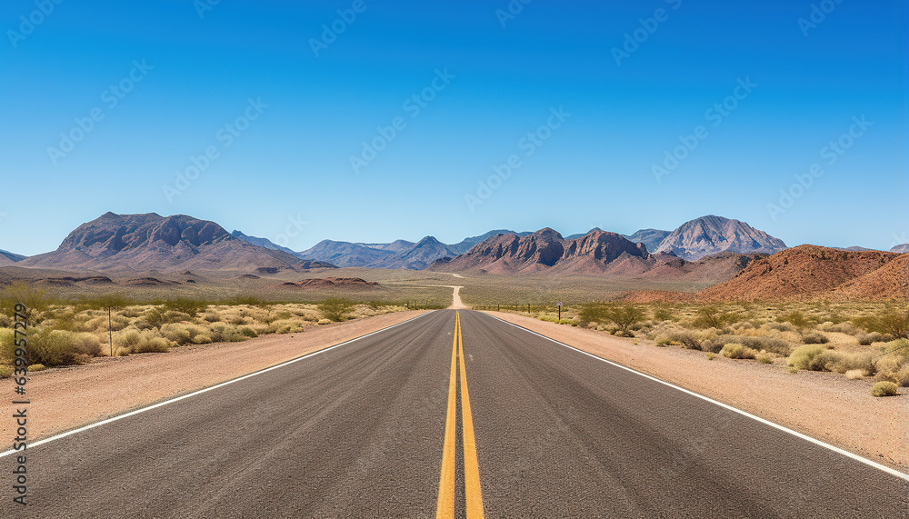 Route 66 highway road at midday clear sky desert mountains background landscape