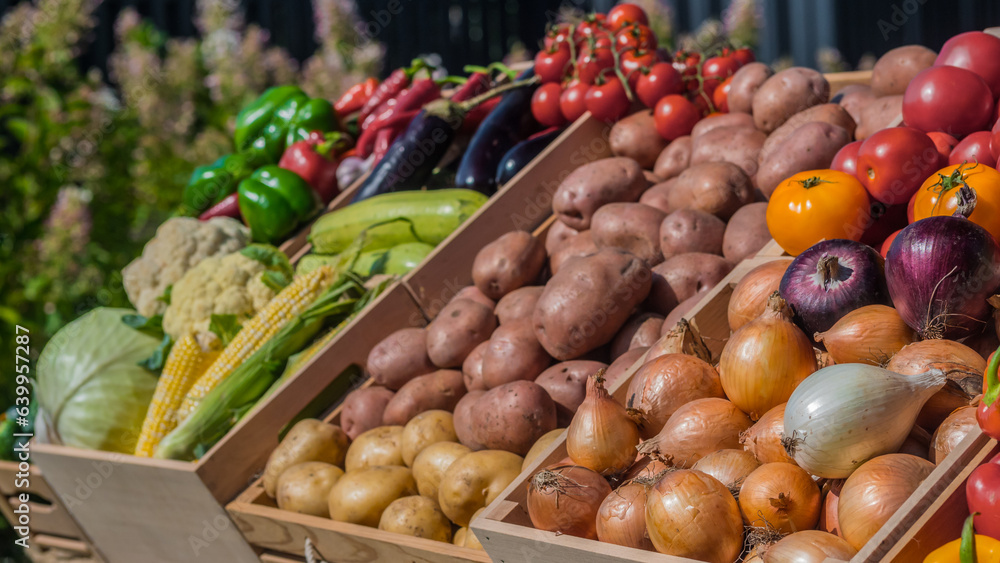 A stall with various vegetables at a farmers' market A stall with various vegetables at a farmers' market