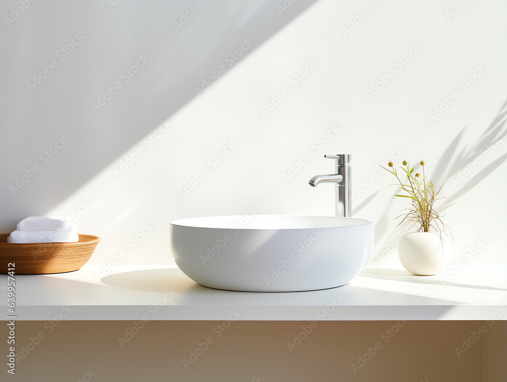 Modern white clean wash basin and faucet with morning sunlight in bathroom Modern white clean wash basin and faucet with morning sunlight in bathroom