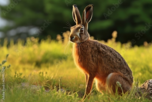 Side view of wild brown hare standing in the sunset and looking at the camera