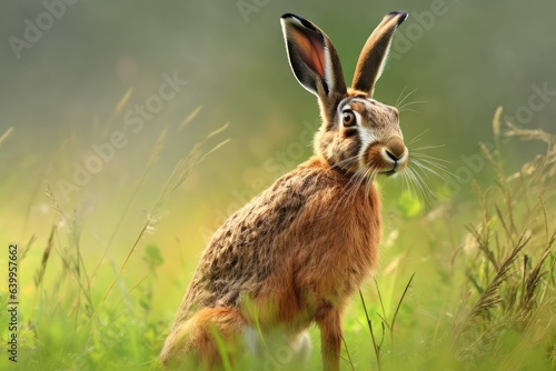 Side view of wild brown hare sitting in a grass field and looking at the camera