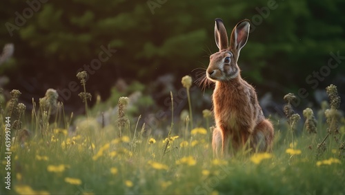 Front view of wild brown hare sitting on the ground with yellow flowers