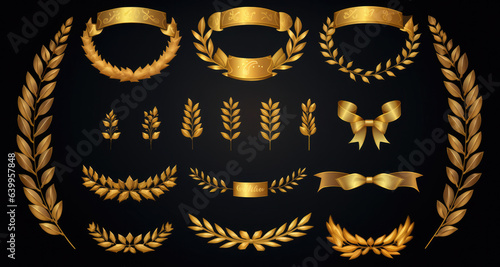 Set of golden ribbons, laurel wreaths of different shapes for winners gold podium 3d realistic luxury leadership award with falling glitter and light smoke on dark background