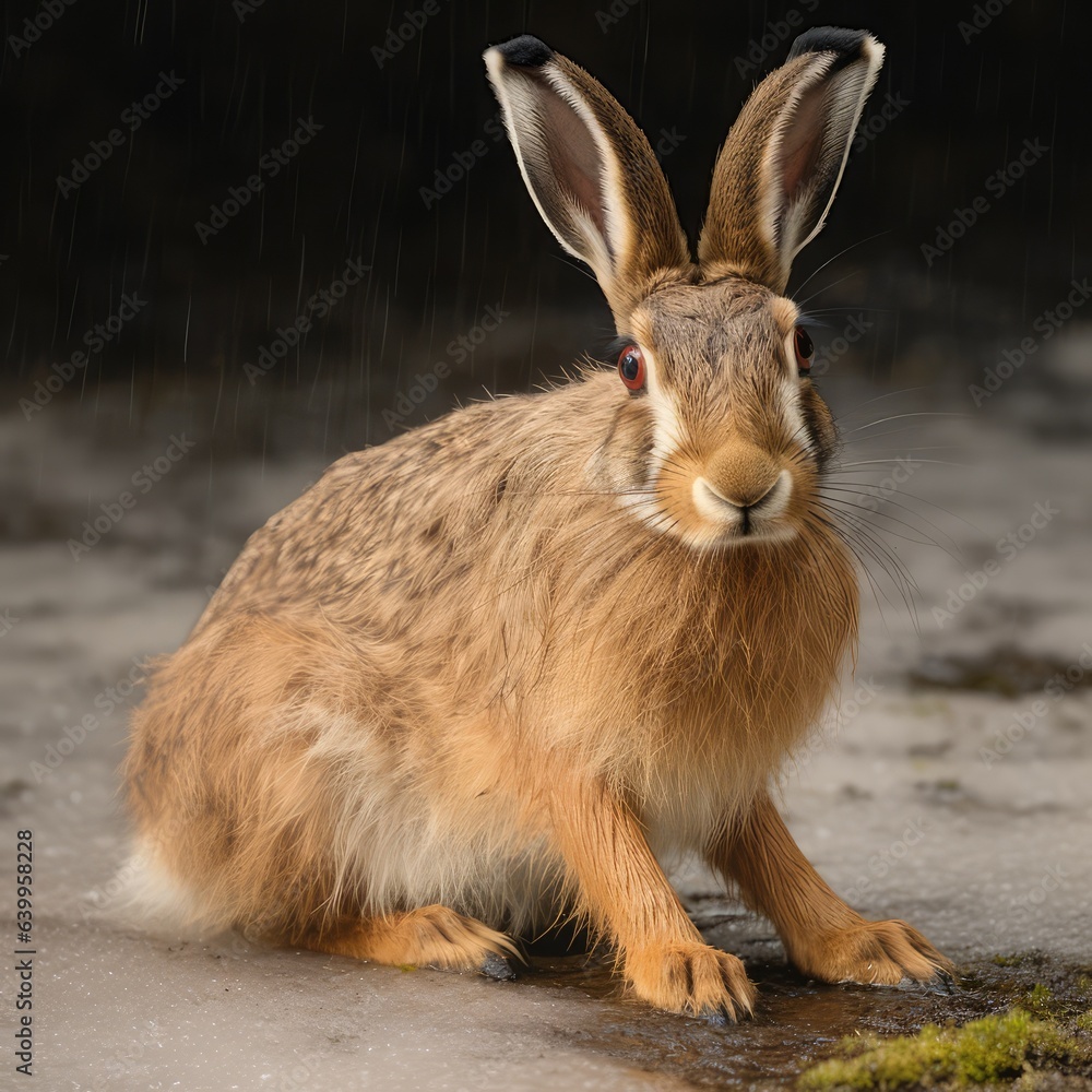 Fototapeta premium Side view of wild brown hare standing on sand and looking at the camera