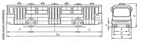 Vector engineering drawing of a bus with dimensional lines
and numerical values of vehicle dimensions.
Cad scheme. Mechanical background. Design documentation.