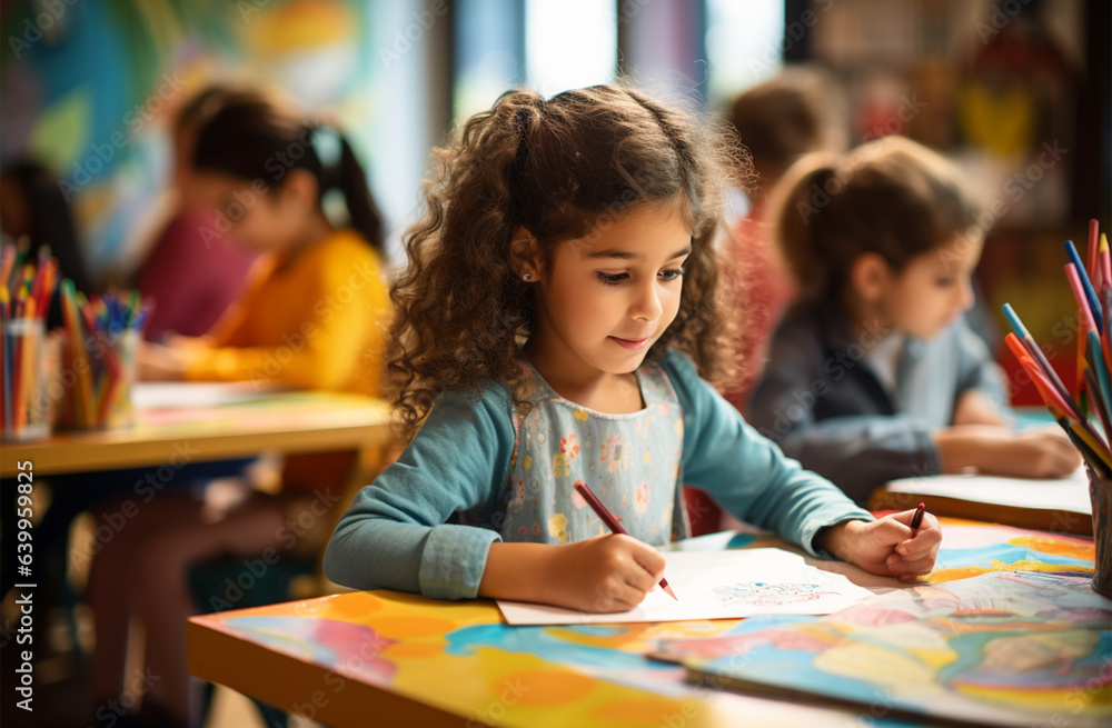 Portrait of a cute little girl drawing on paper in a classroom