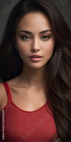 Face portrait of young woman in red shirt. Exquisite beauty. Can be used as poster.
