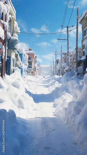 vertical panorama view of a snowy street
