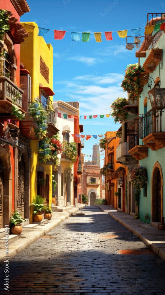 Fototapeta premium Hispanic city street decorated for the holiday